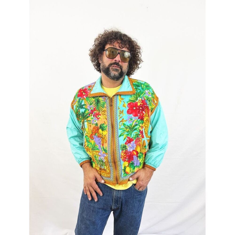 East West Vintage Tropical Floral Bomber Jacket in Aqua & Multi